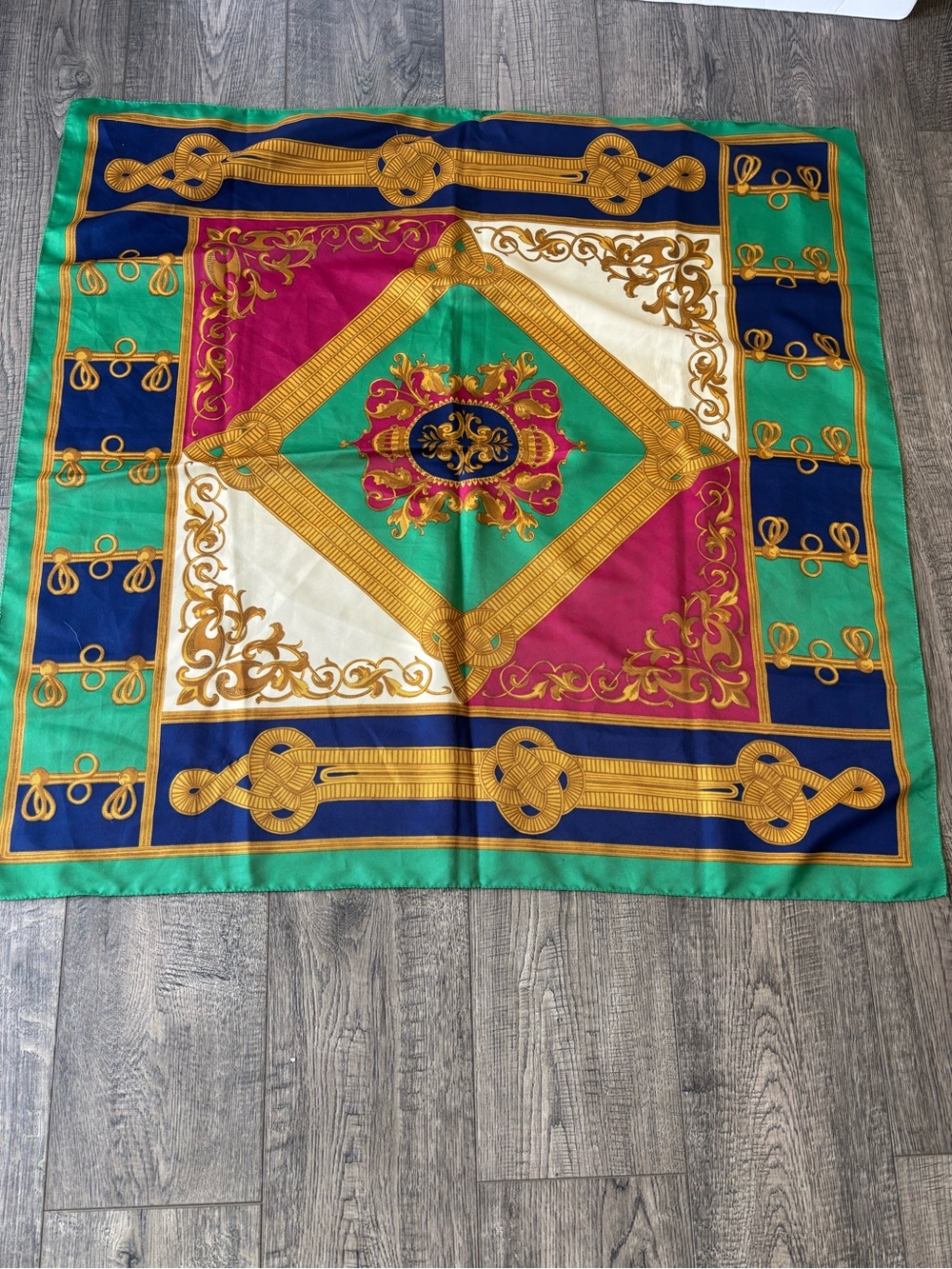 Luxury Multicolor Silk-Feel Square Scarf - Green, Navy & Magenta